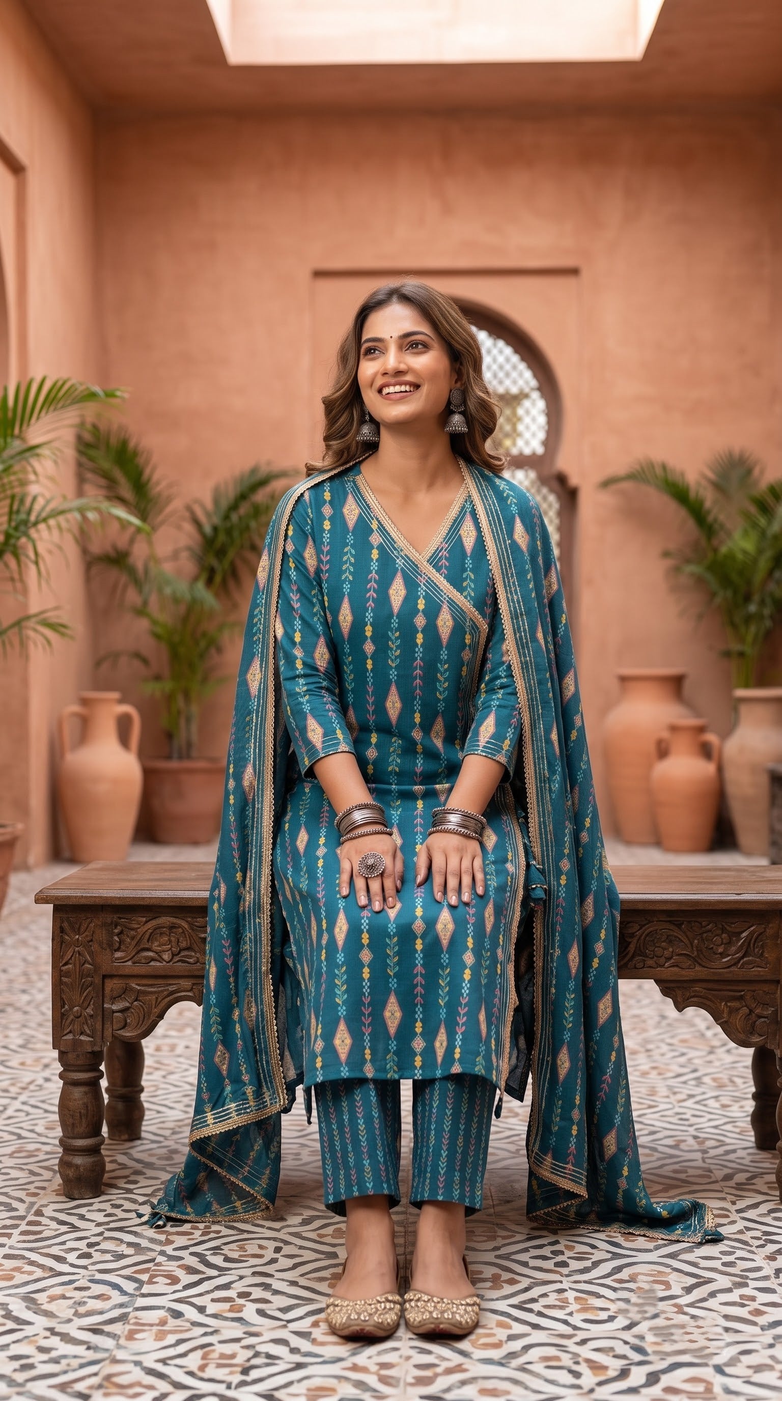 Savanya teal kurta set styled at a heritage courtyard