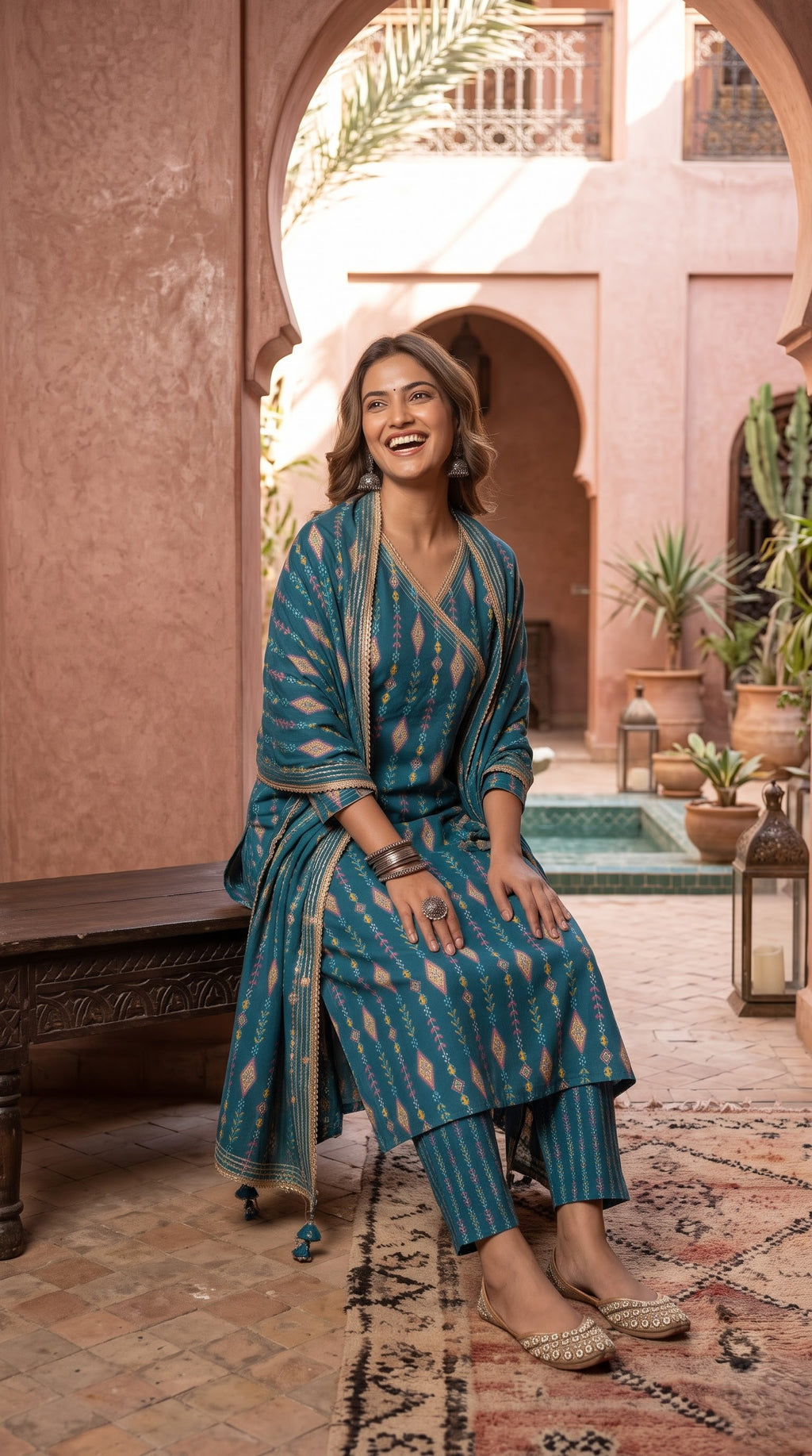 Savanya teal kurta set - lifestyle courtyard shot