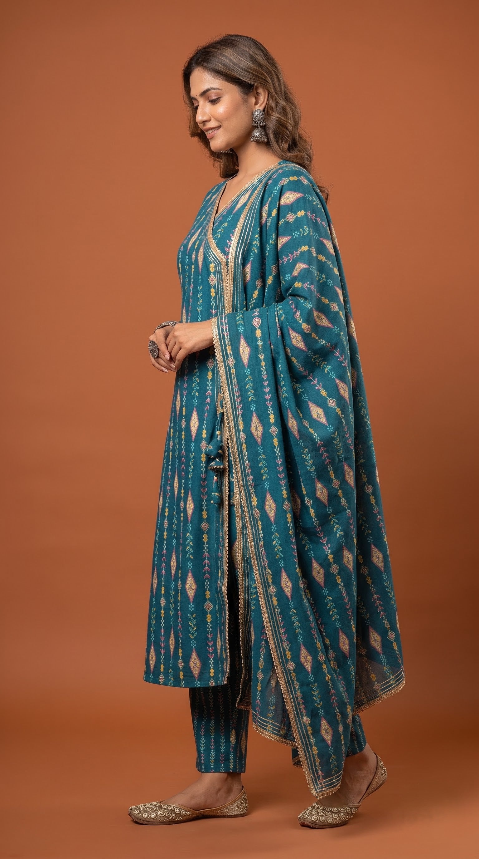 Savanya teal printed kurta set - side view
