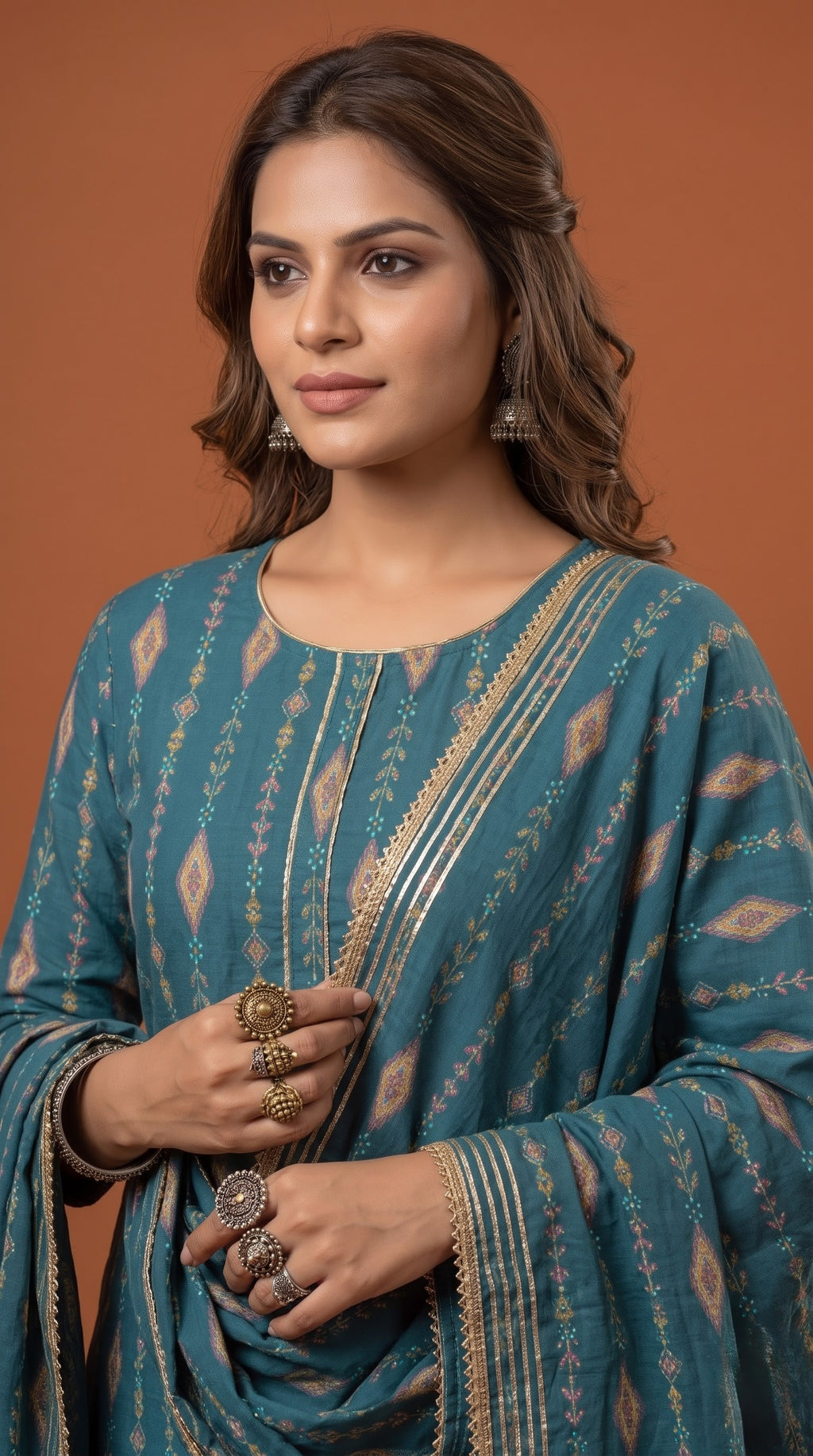 Savanya teal kurta set - neckline and gold trim detail