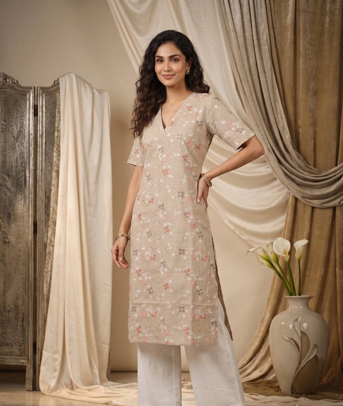 Meadow V-Neck Linen Kurti