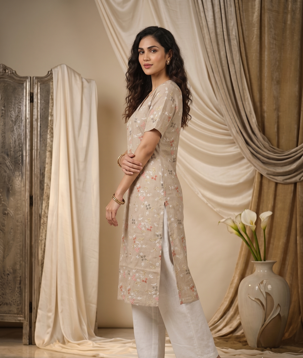 Meadow V-Neck Linen Kurti