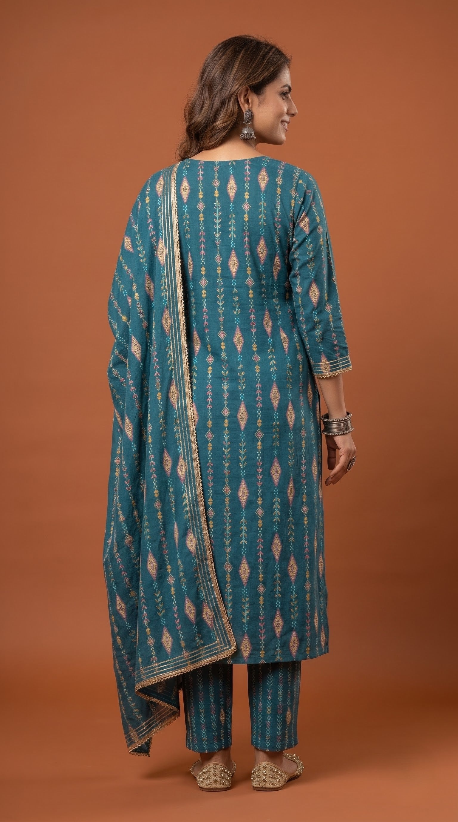 Savanya teal printed kurta set - back view