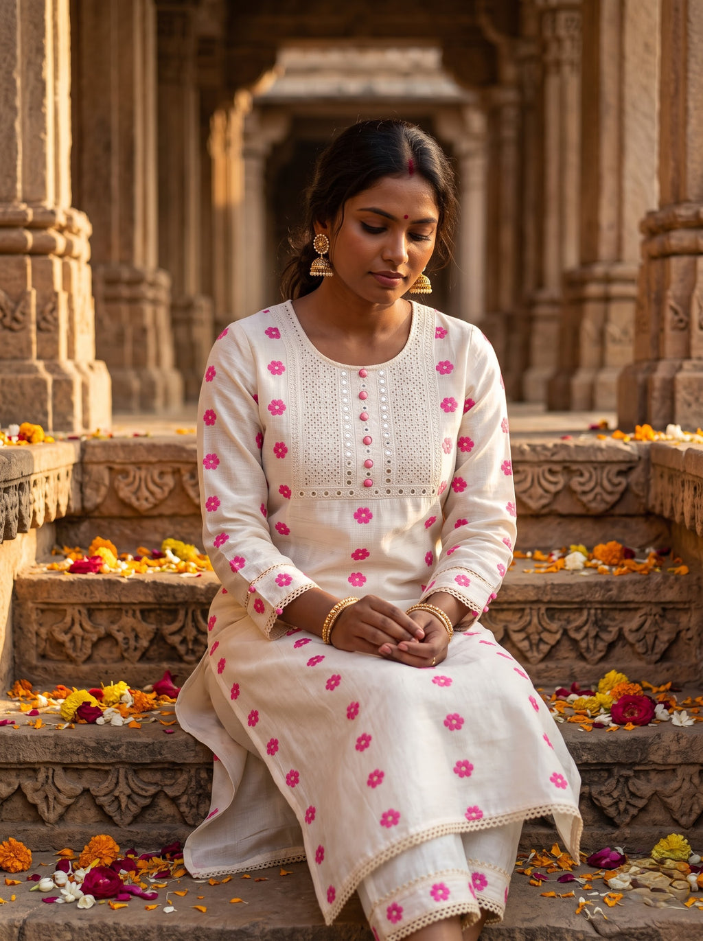Savanya Warm White Pink Floral Dress