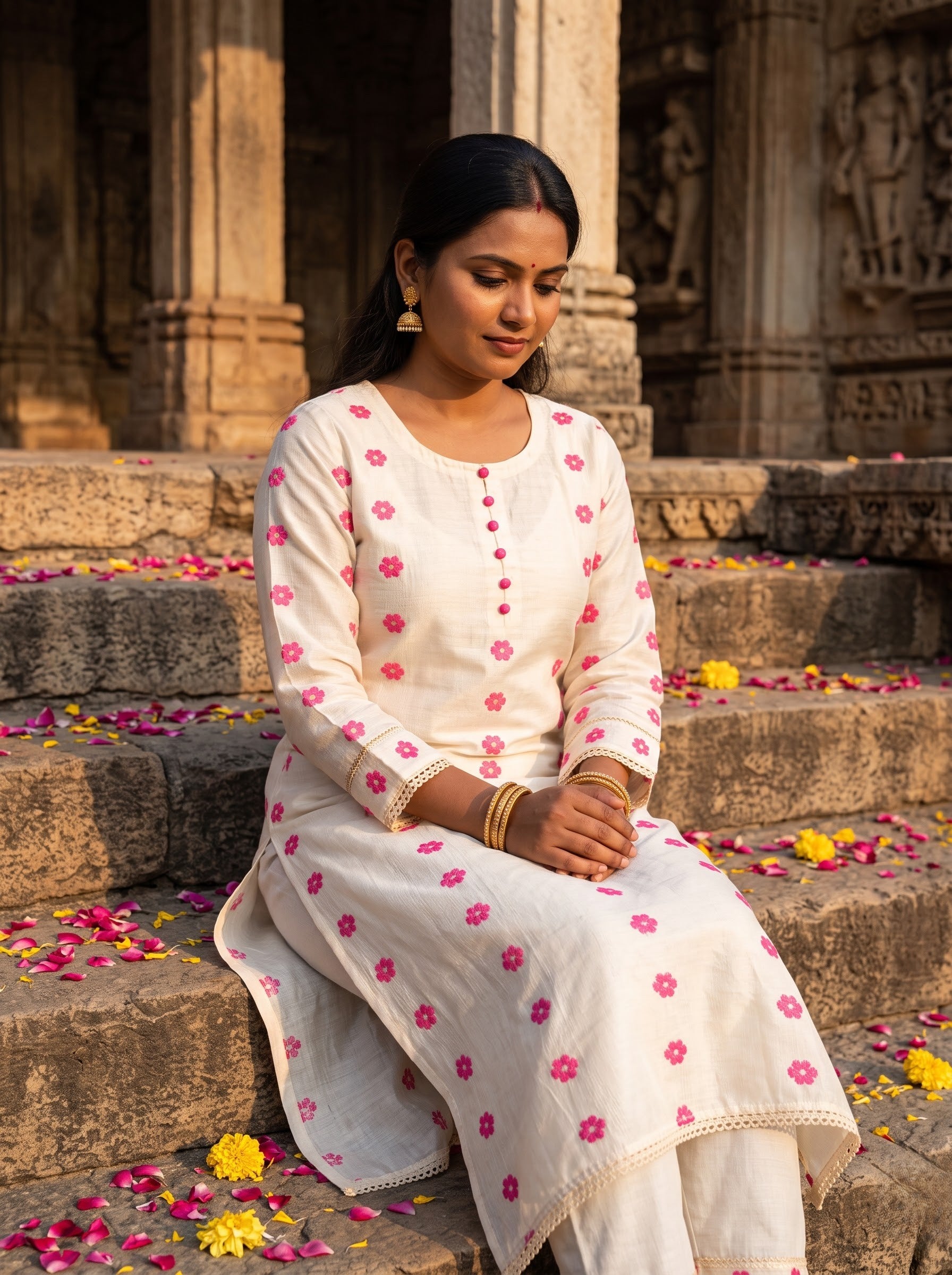 Savanya Warm White Pink Floral Dress