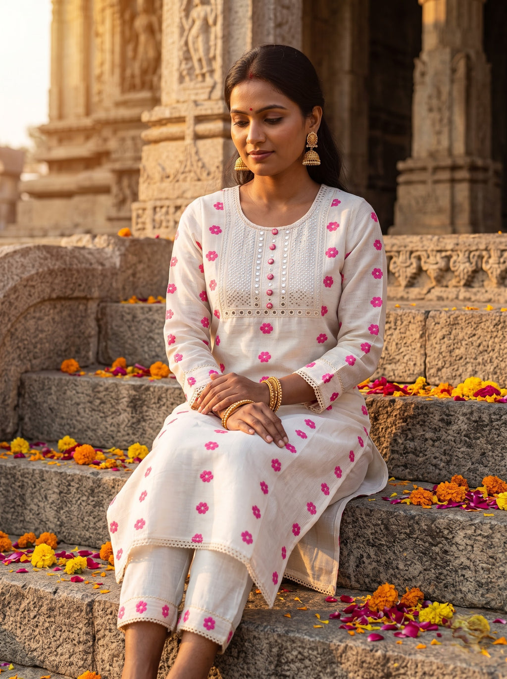 Savanya Warm White Pink Floral Dress