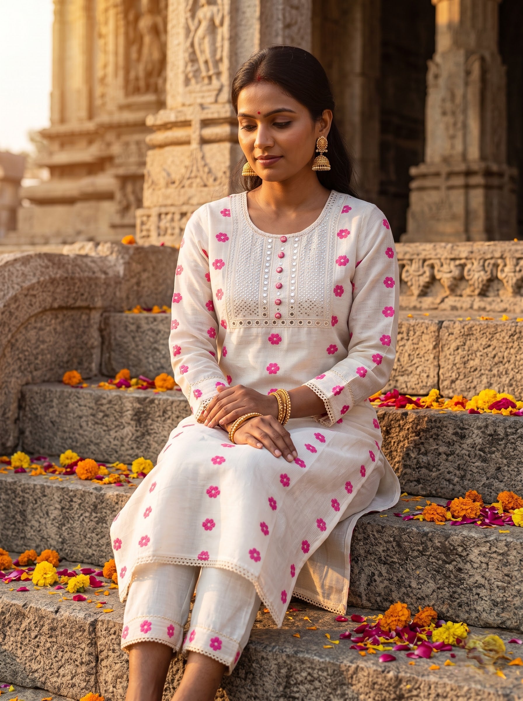Savanya Warm White Pink Floral Dress