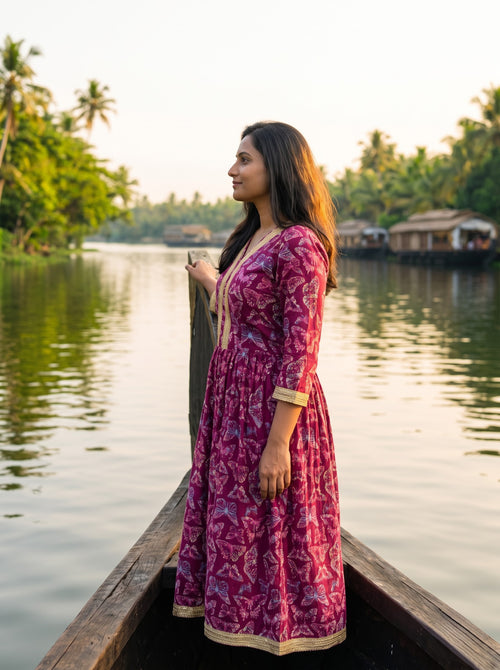 Burgundy Cherry Brown Print Dress - houseboat side profile