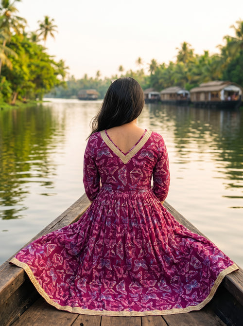 Burgundy Cherry Brown Print Dress - back detail