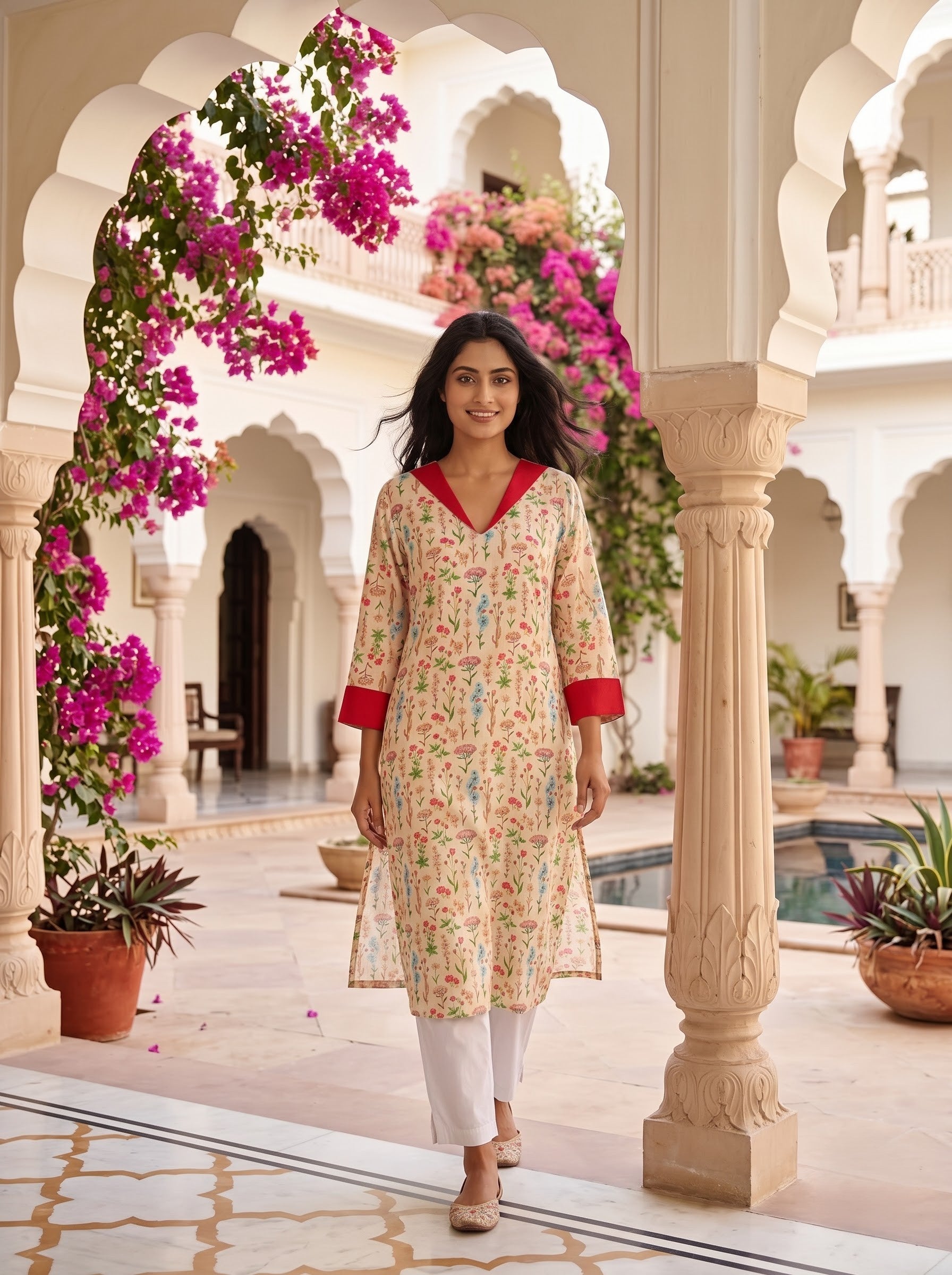 Savanya Warm White Floral V-Neck Dress