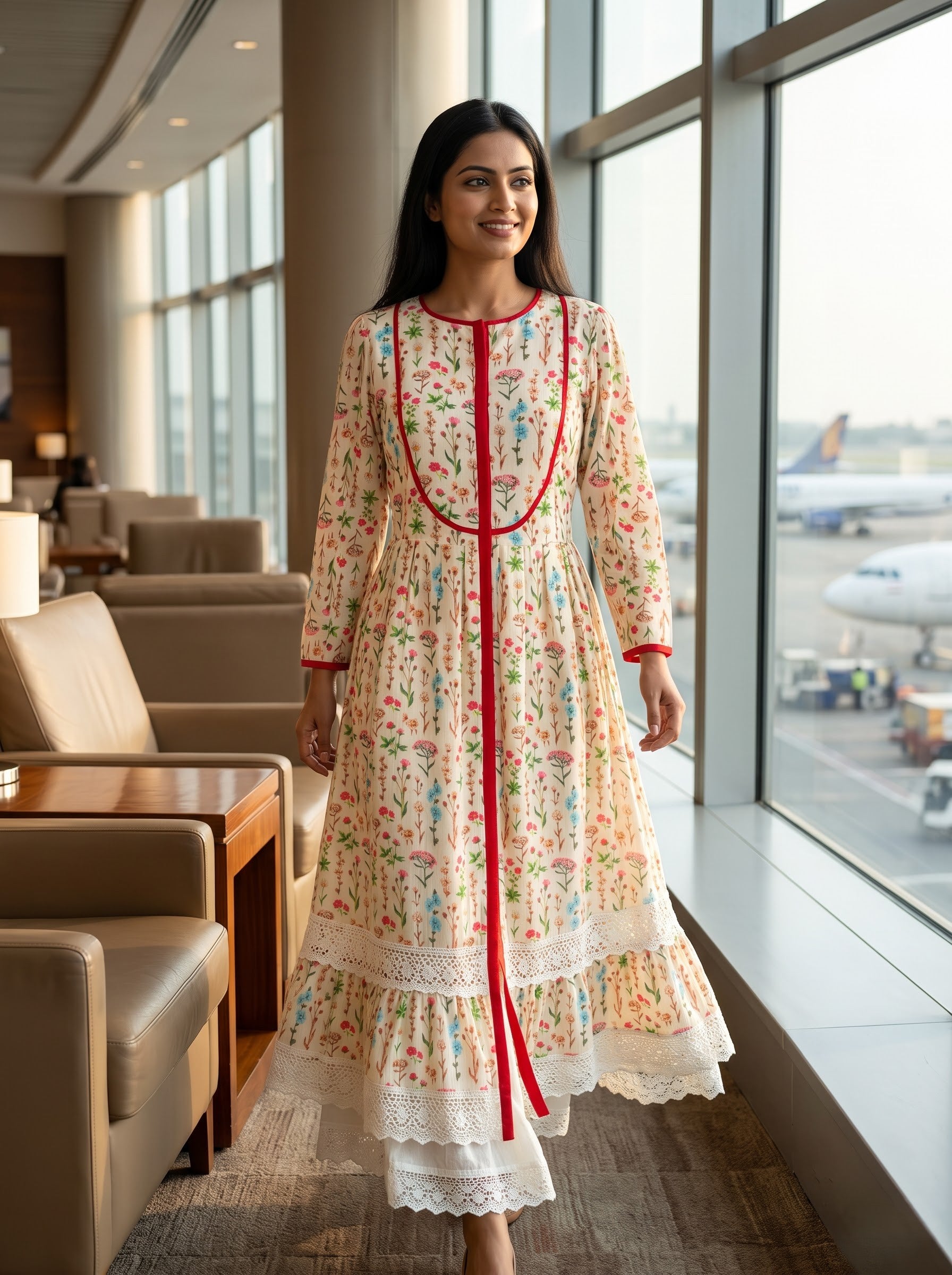 Savanya Warm White Piping Detail Dress
